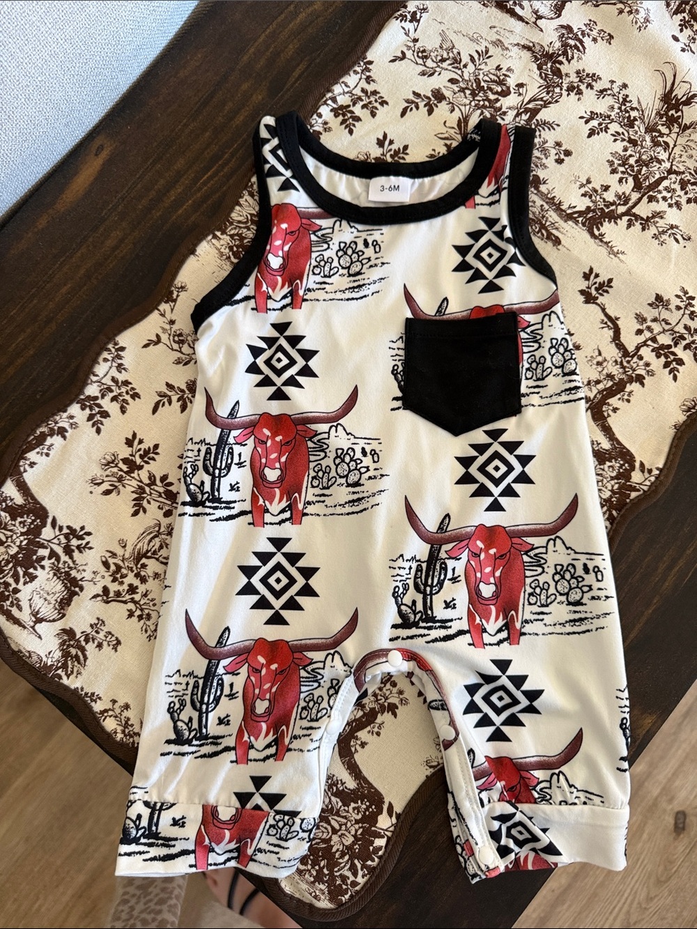 Baby Romper with Red Longhorn & Aztec Print